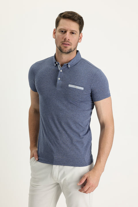Indigo Polo Collar Slim Fit Narrow Cut Cotton T-shirt