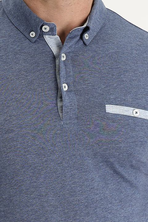 Indigo Polo Collar Slim Fit Narrow Cut Cotton T-shirt