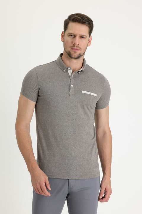 Dark Brown Polo Neck Slim Fit Cotton T-Shirt