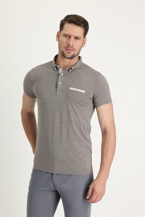 Dark Brown Polo Neck Slim Fit Cotton T-Shirt