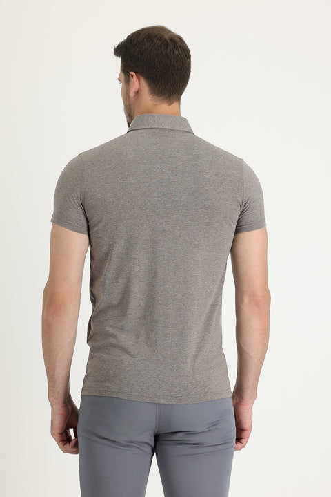 Dark Brown Polo Neck Slim Fit Cotton T-Shirt