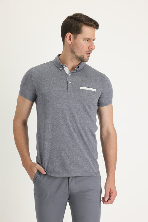 Medium Anthracite Polo Collar Slim Fit T-Shirt
