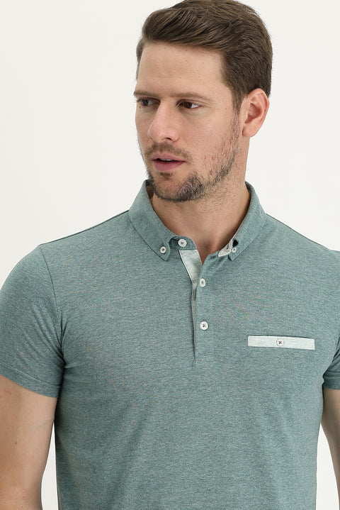 Sea Green Polo Neck Slim Fit Cotton T-Shirt