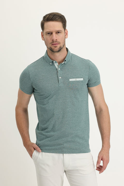 Sea Green Polo Neck Slim Fit Cotton T-Shirt