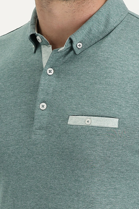 Sea Green Polo Neck Slim Fit Cotton T-Shirt