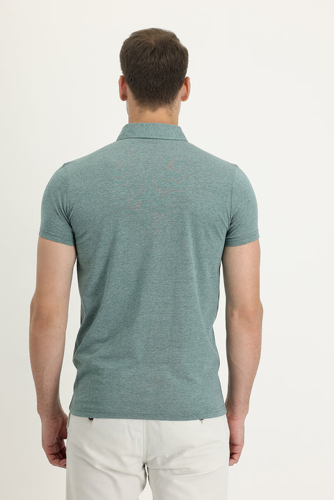 Sea Green Polo Neck Slim Fit Cotton T-Shirt