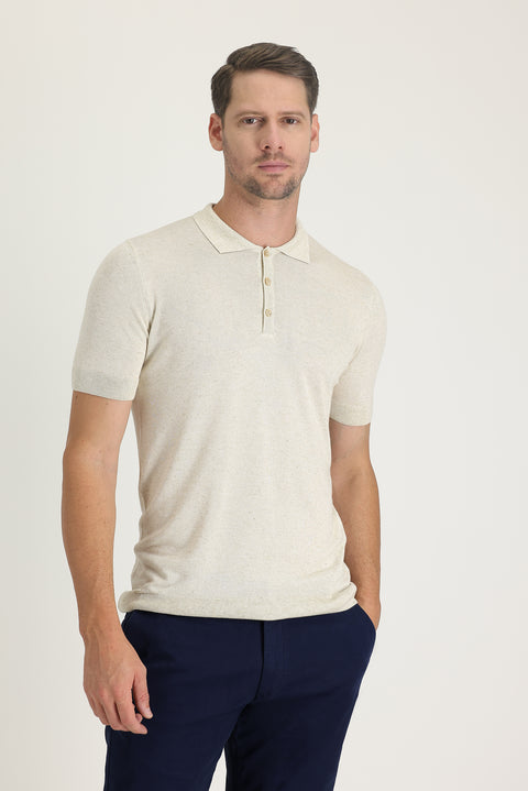 Off-white Polo Collar Slim Fit Linen T-shirt