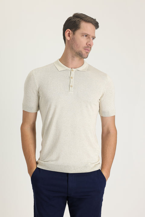 Off-white Polo Collar Slim Fit Linen T-shirt