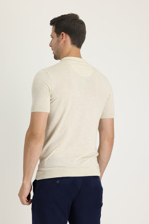 Off-white Polo Collar Slim Fit Linen T-shirt