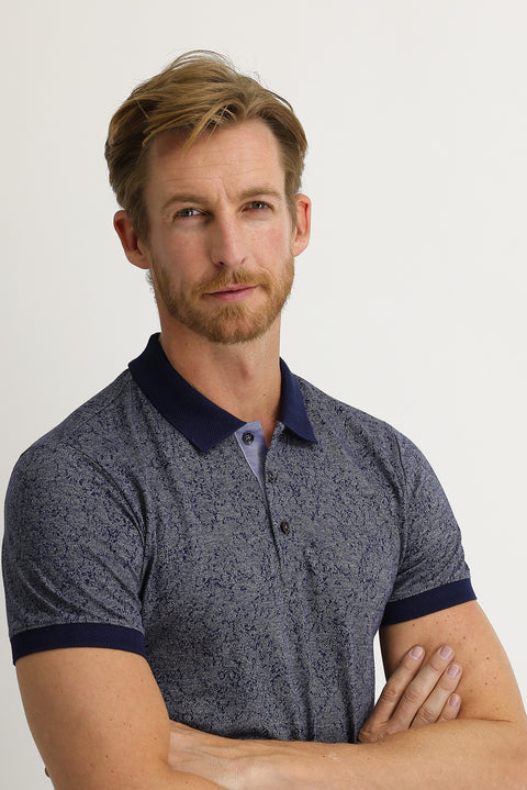 Medium Navy Polo Collar Slim Fit Patterned T-shirt