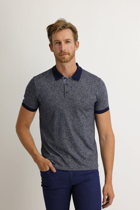 Medium Navy Polo Collar Slim Fit Patterned T-shirt