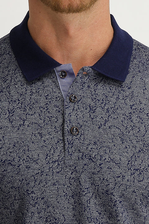 Medium Navy Polo Collar Slim Fit Patterned T-shirt