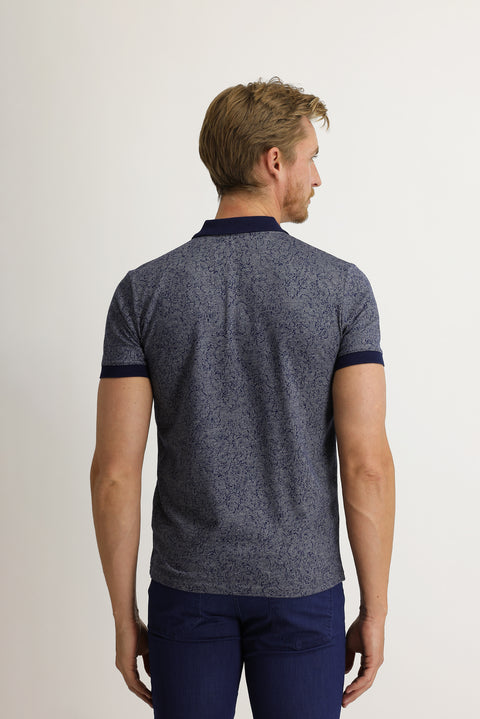 Medium Navy Polo Collar Slim Fit Patterned T-shirt