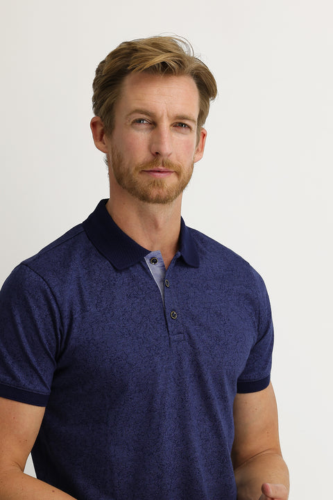 Dark Navy Polo Shirt, Slim Fit, Narrow Cut, Patterned T-shirt