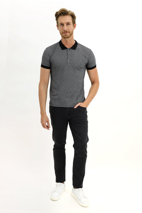 Black Polo Collar Slim Fit Patterned T-shirt