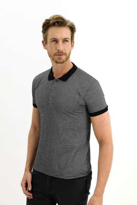 Black Polo Collar Slim Fit Patterned T-shirt