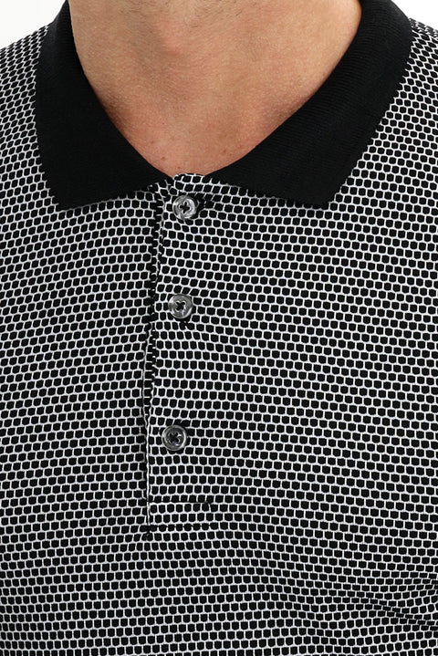 Black Polo Collar Slim Fit Patterned T-shirt
