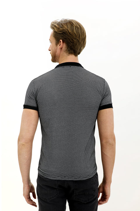 Black Polo Collar Slim Fit Patterned T-shirt