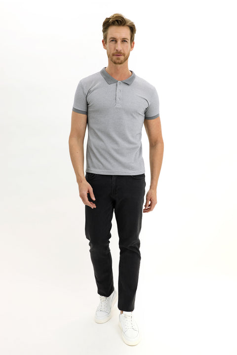 Medium Grey Polo Collar Slim Fit Patterned T-shirt