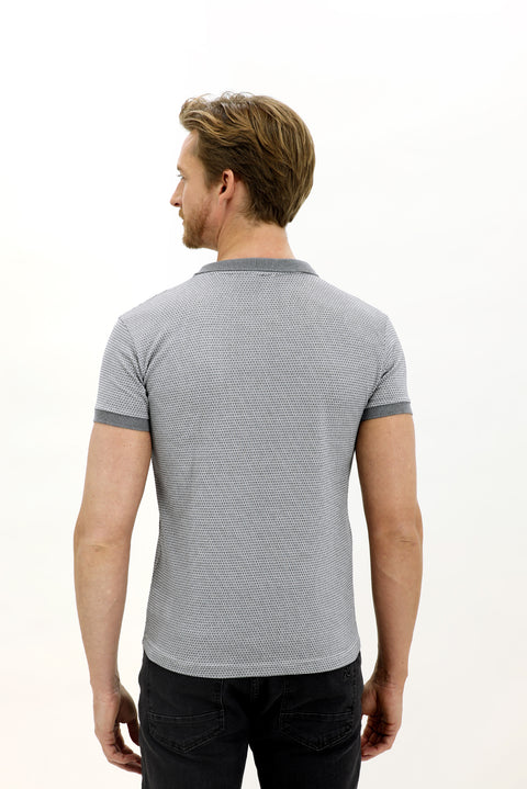 Medium Grey Polo Collar Slim Fit Patterned T-shirt