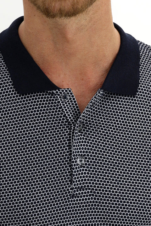 Medium Navy Polo Collar Slim Fit Patterned T-shirt