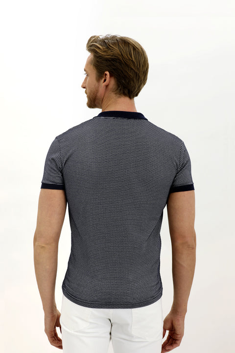 Medium Navy Polo Collar Slim Fit Patterned T-shirt