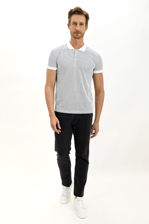White Polo Collar Slim Fit Patterned T-shirt