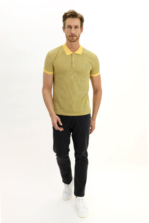 Light Yellow Polo Collar Slim Fit Patterned T-shirt