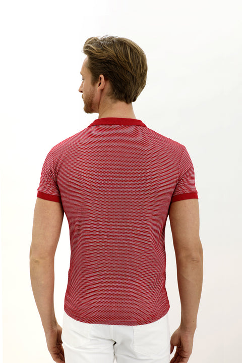 Light Red Polo Collar Slim Fit Patterned T-shirt