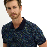 Medium Navy Polo Collar Slim Fit Narrow Cut Patterned Cotton T-shirt