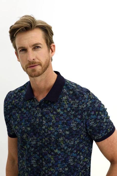 Medium Navy Polo Collar Slim Fit Narrow Cut Patterned Cotton T-shirt
