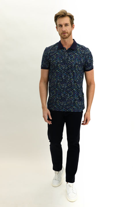 Medium Navy Polo Collar Slim Fit Narrow Cut Patterned Cotton T-shirt