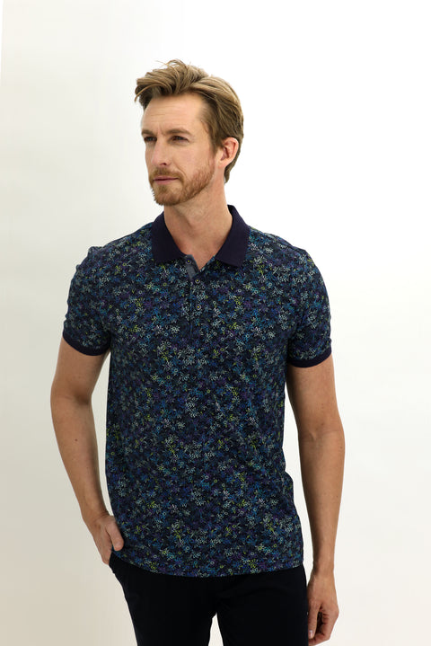 Medium Navy Polo Collar Slim Fit Narrow Cut Patterned Cotton T-shirt