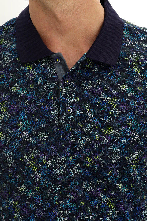 Medium Navy Polo Collar Slim Fit Narrow Cut Patterned Cotton T-shirt