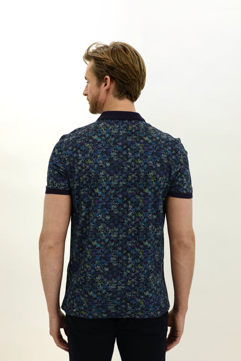 Medium Navy Polo Collar Slim Fit Narrow Cut Patterned Cotton T-shirt