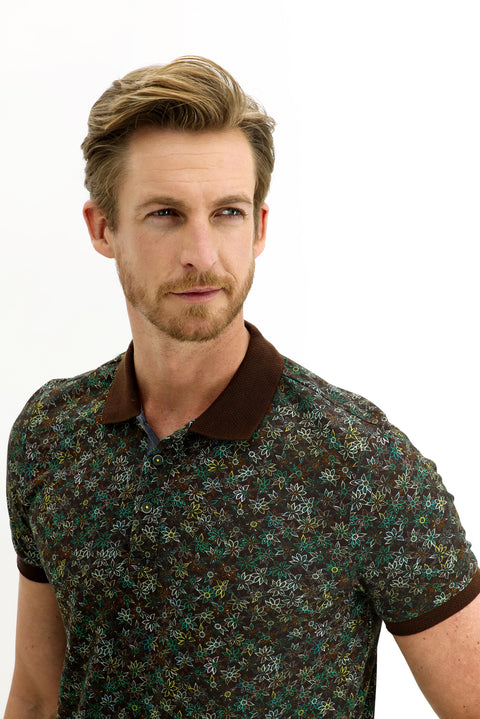 Medium Brown Polo Collar Slim Fit Narrow Cut Patterned Cotton T-shirt