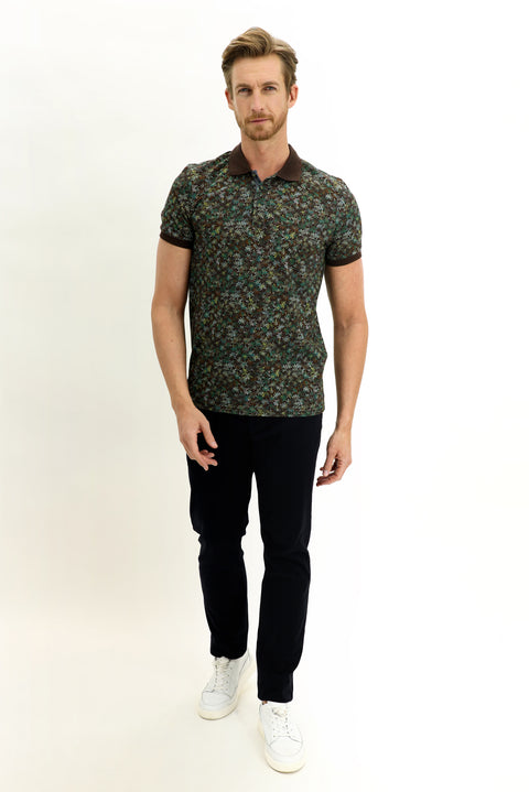 Medium Brown Polo Collar Slim Fit Narrow Cut Patterned Cotton T-shirt