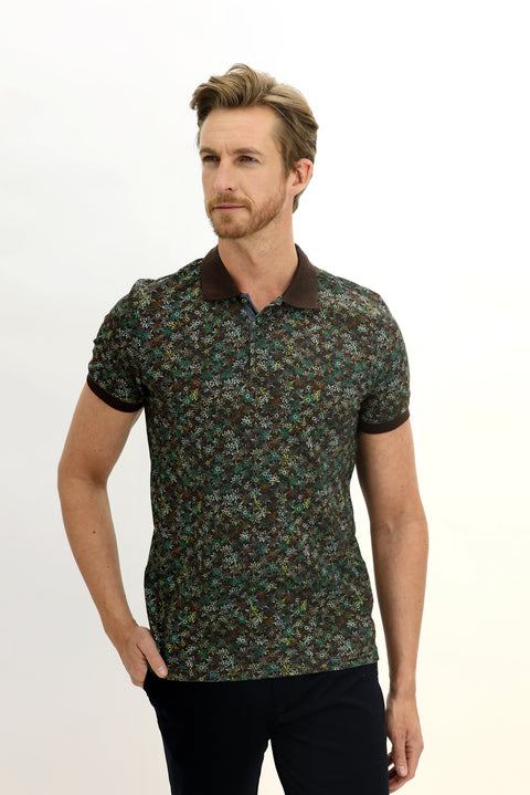 Medium Brown Polo Collar Slim Fit Narrow Cut Patterned Cotton T-shirt