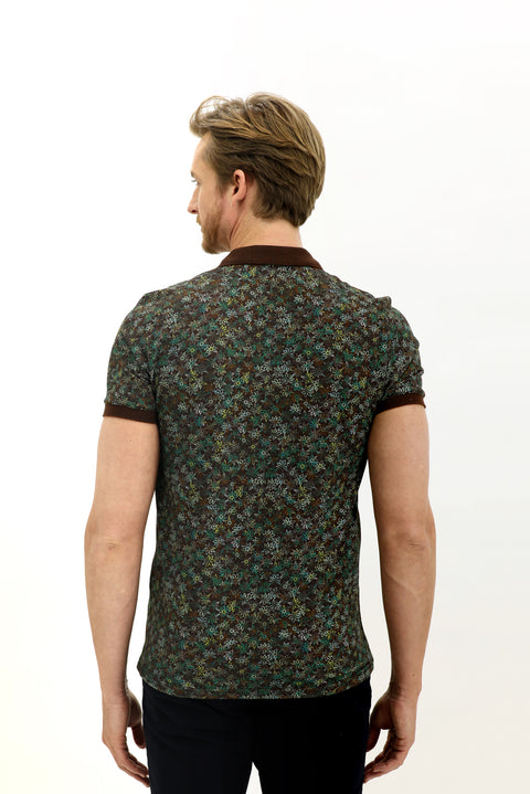 Medium Brown Polo Collar Slim Fit Narrow Cut Patterned Cotton T-shirt