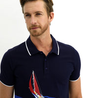 Medium Navy Polo Collar Slim Fit Printed Cotton T-shirt