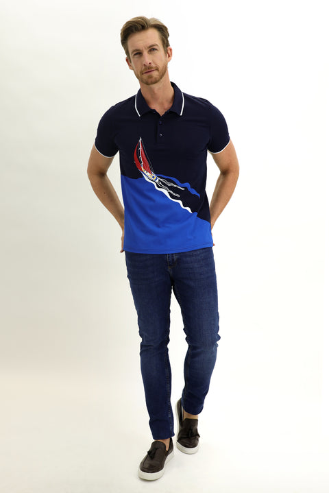 Medium Navy Polo Collar Slim Fit Printed Cotton T-shirt