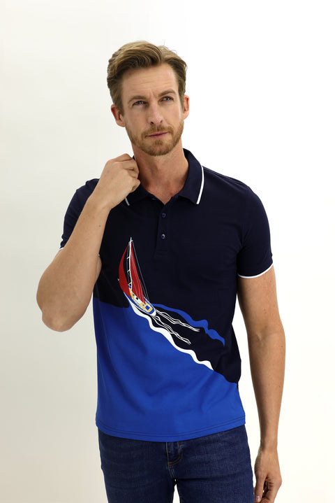 Medium Navy Polo Collar Slim Fit Printed Cotton T-shirt