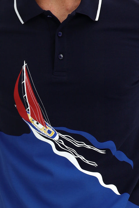 Medium Navy Polo Collar Slim Fit Printed Cotton T-shirt