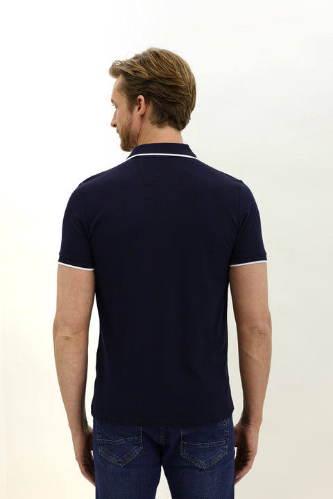Medium Navy Polo Collar Slim Fit Printed Cotton T-shirt