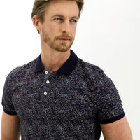 Medium Navy Polo Collar Slim Fit Narrow Cut Patterned Cotton T-shirt