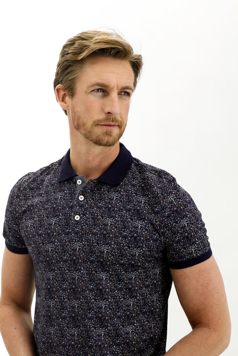 Medium Navy Polo Collar Slim Fit Narrow Cut Patterned Cotton T-shirt