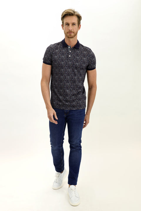 Medium Navy Polo Collar Slim Fit Narrow Cut Patterned Cotton T-shirt