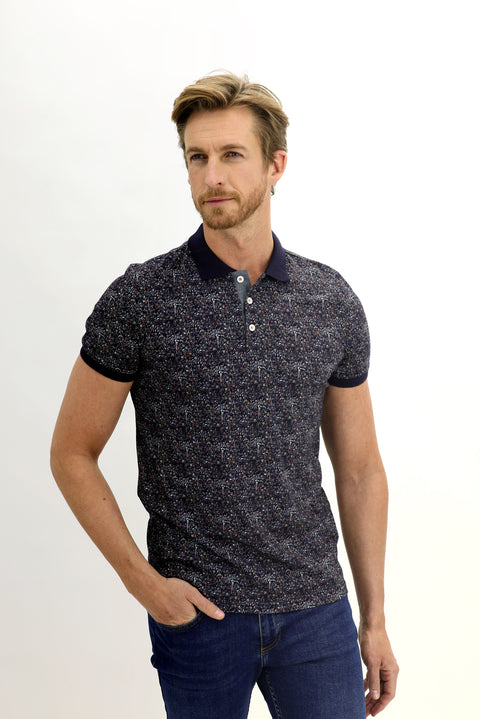 Medium Navy Polo Collar Slim Fit Narrow Cut Patterned Cotton T-shirt
