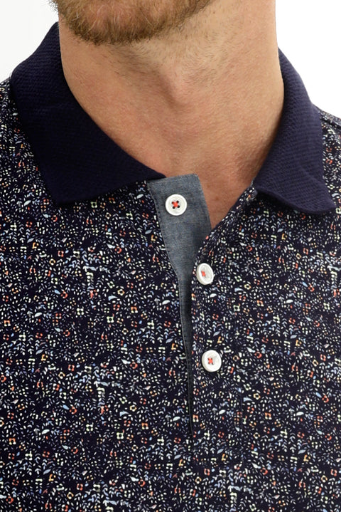 Medium Navy Polo Collar Slim Fit Narrow Cut Patterned Cotton T-shirt
