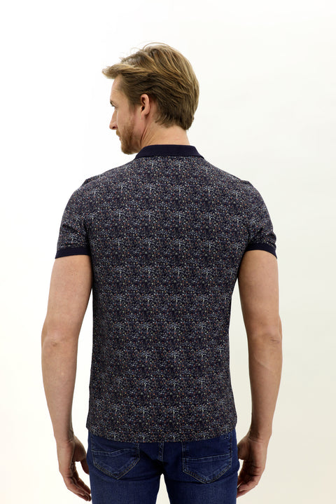 Medium Navy Polo Collar Slim Fit Narrow Cut Patterned Cotton T-shirt